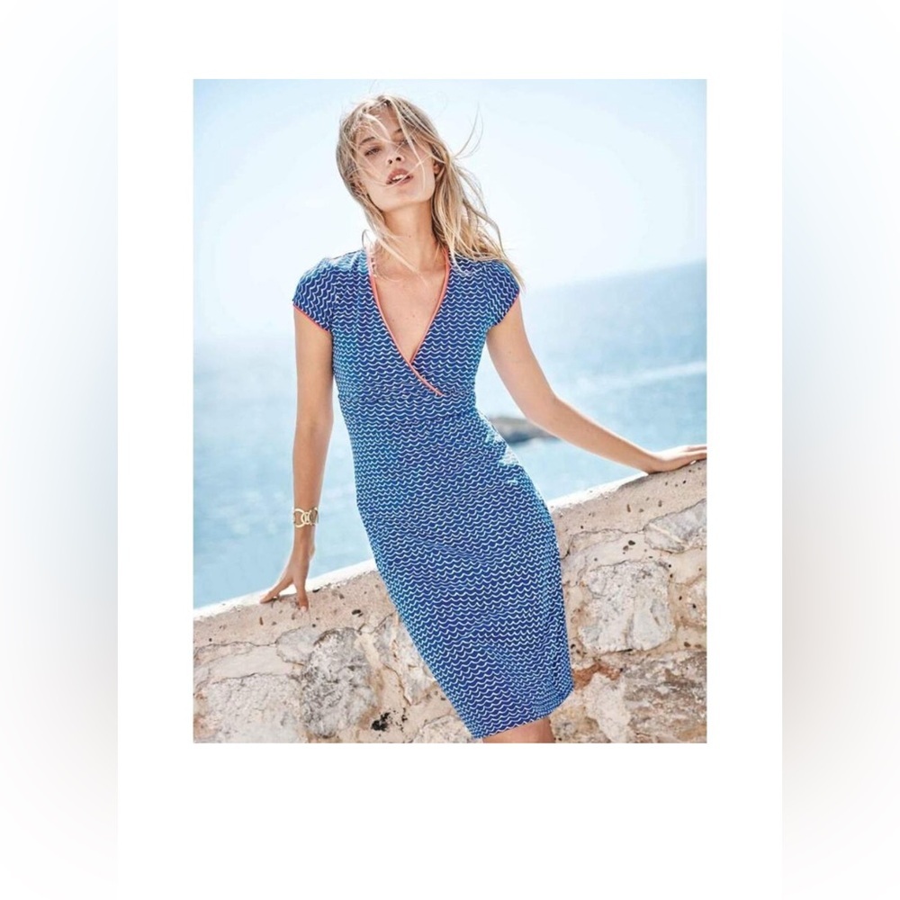 Boden Blue Surplice Wave Pattern Nautical Summer Dress 6